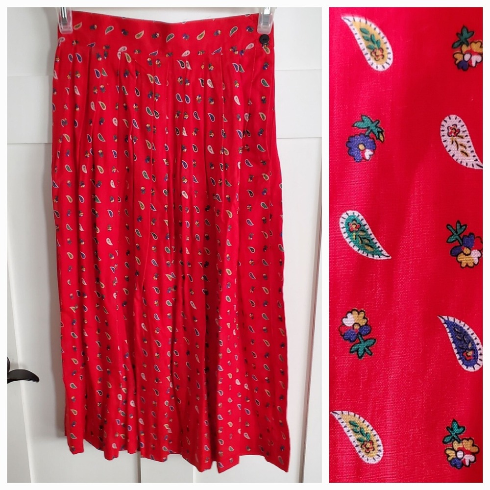 VINTAGE Midi Maxi Skirt Womens Size 8 Artsy Paisley Red Unique Bold 90s 80s Prep